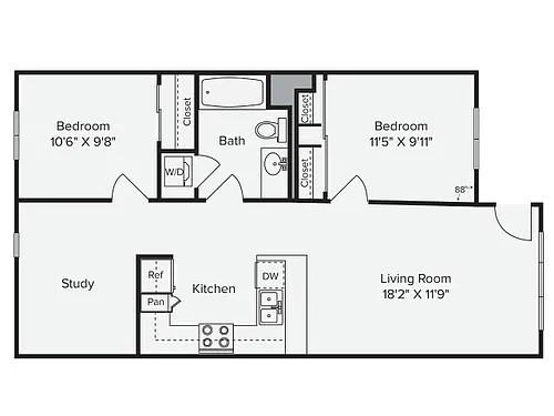 Floor plan 2 Bed 1 Bath - 2A & 2D