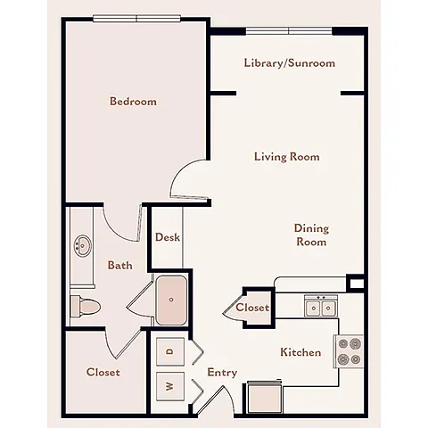 Floor plan The Kensington, 1 Bedroom 1 Bath