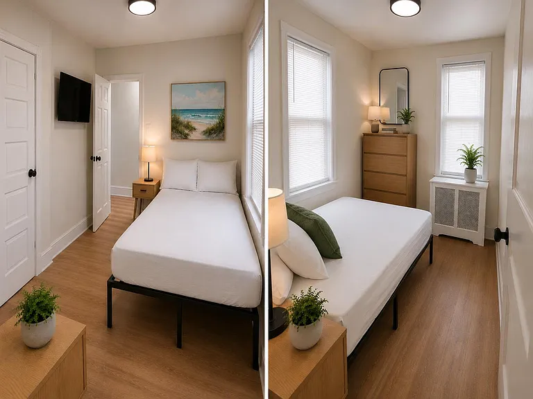 Furnished private bedroom with a twin bed, dresser, and mounted TV, plus two windows for natural light and easy storage.