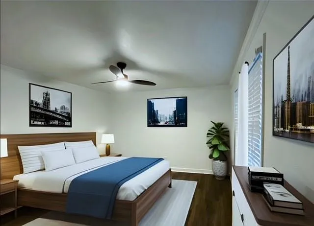 Master bedroom en suite w/half bath, King sized bed, in addition to dedicated workstation, full blackout curtains and 40" Roku TV for streaming