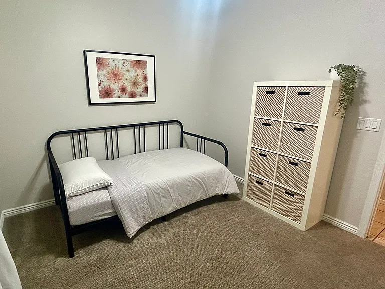 Twin mattress can be added to the trundle below. Mattresses can be turned to create a Euro King bed if needed. Room can also be cleared out if needed.