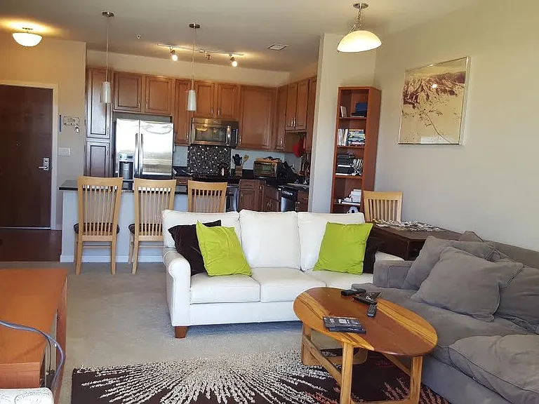Living room view into kitchen