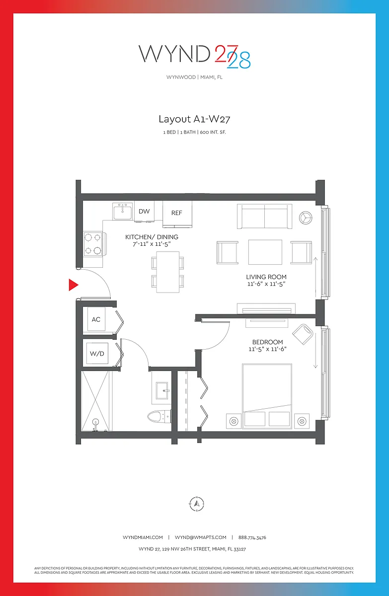 Floor plan W27 - 1BR 1BA (600 SF)
