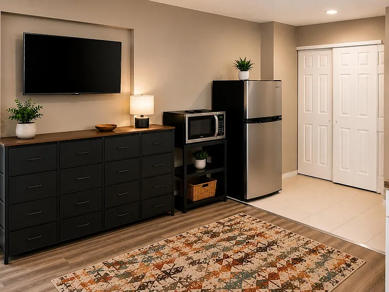 Convenient kitchenette area with full-size refrigerator, microwave station, sink countertop, and added storage cabinetry.