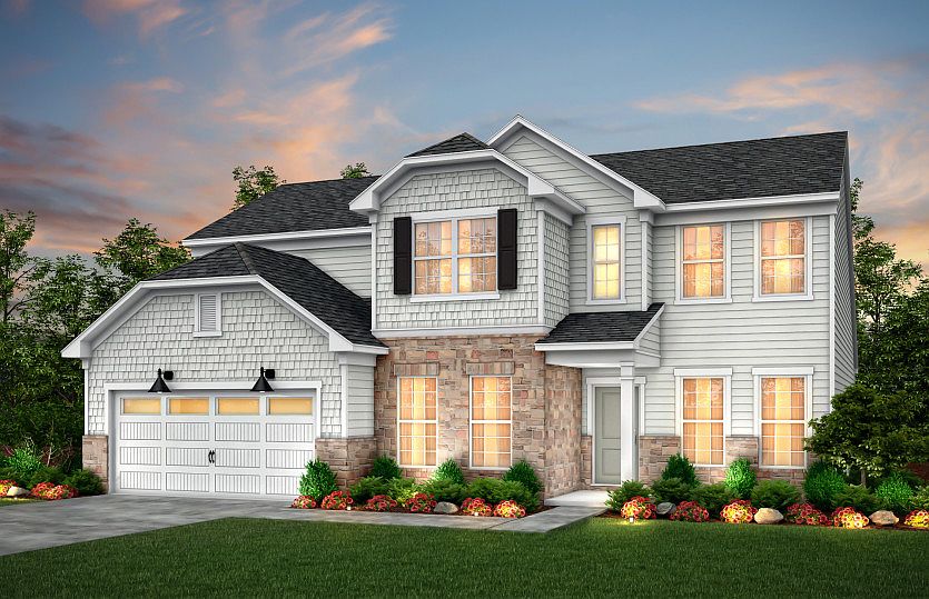 Vanderbilt Exterior 6 features siding, shakes, stone, covered front door and 2 car garage