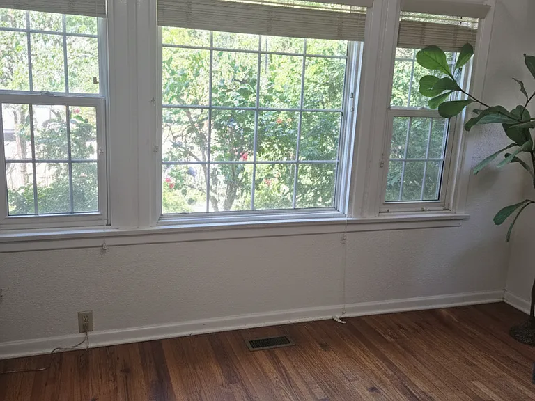 Living room facing west, lots of light and wood floors