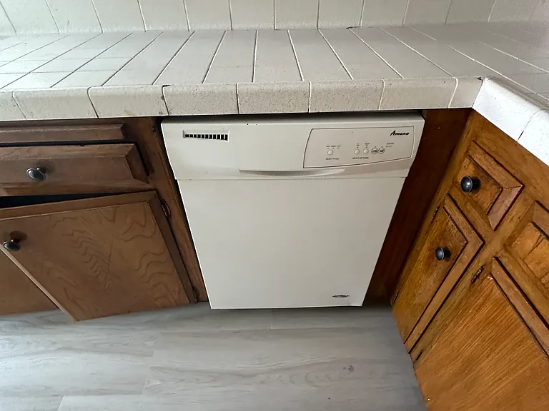 Dishwasher in the kitchen with tile counters, and lots of cupboards