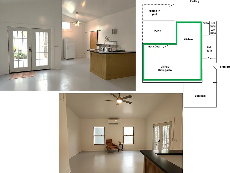 Back door entrance to porch, yard, parking area; kitchen with bar; living area
Floor plan with living area / kitchen / dining area highlighted