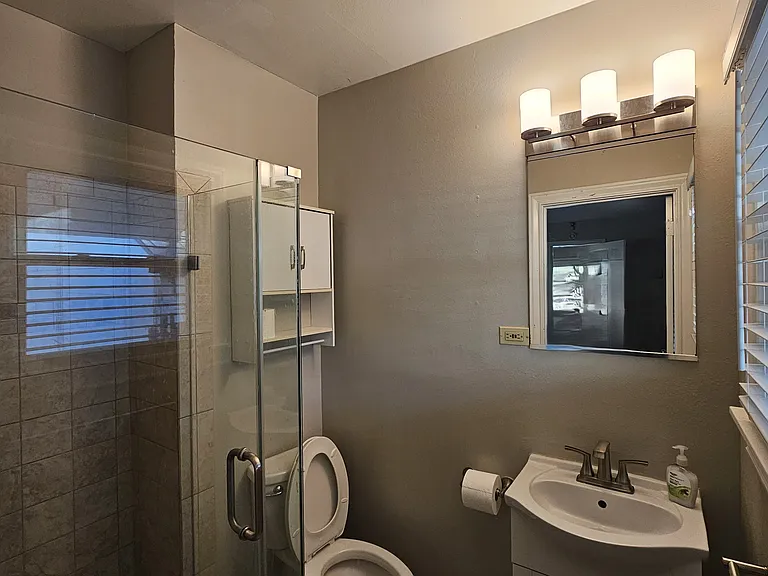 Master Bath, with updated lighting glass shower.