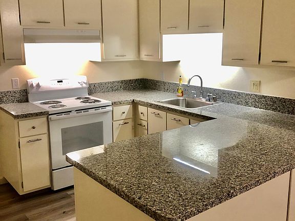 Newly updated cabinets, granite counter, new oven range and dishwasher.