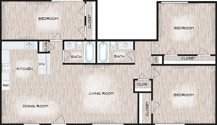 3 Bed 2 Bath Floorplan Diagram