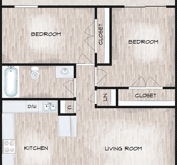 2 Bed 1 Bath Floorplan Diagram