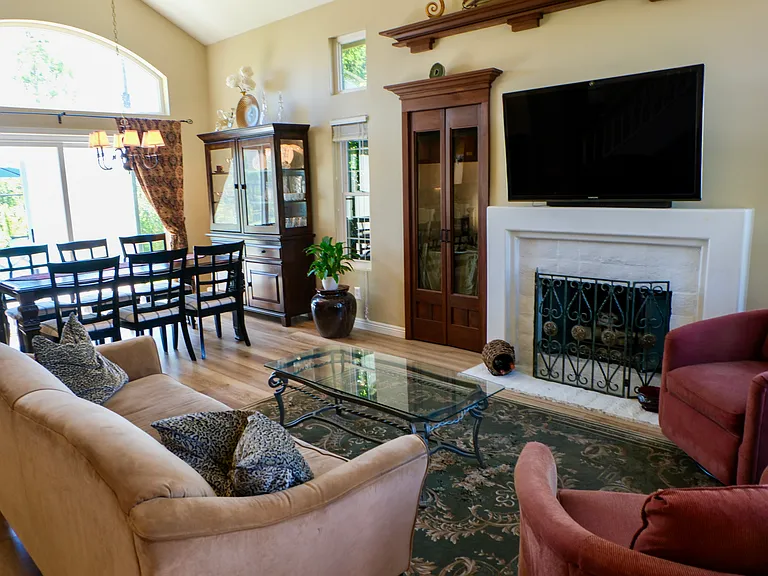 Custom-built shelves in dining/living room