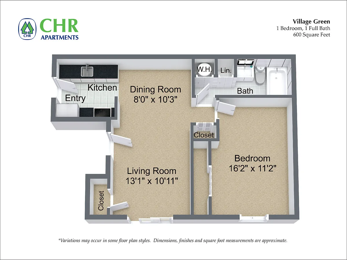 Floor plan 1 Bed/1 Bath with Dining Area