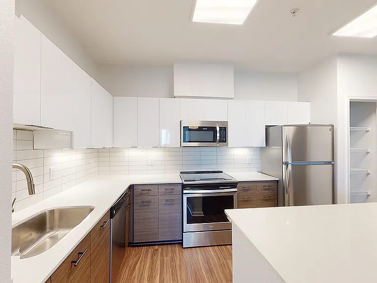 Apartment kitchen with stainless steel appliances, quartz countertops and wood-style flooring.