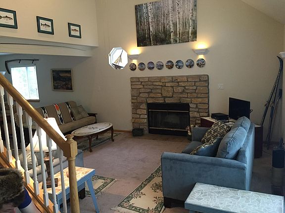 Wood burning fireplace in living room