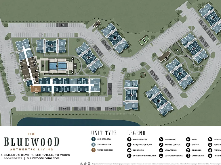 Explore the Bluewood Apartments community through our interactive site map, highlighting building locations, amenities, parking areas, and walkable community features in Kerrville, TX.