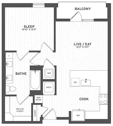 Floor plan 1 Bed/1 Bath Ground-A1.1G
