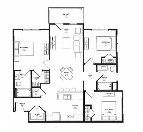 Floor plan 3 bed, 2 bath