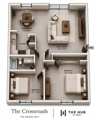 Floor plan Two Bedroom One Bath - The Crossroads