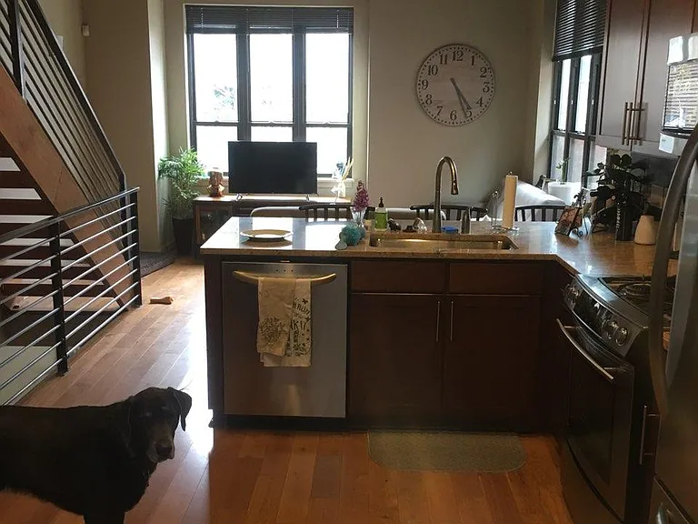 looking from dining room on floor 2 to the rest of the kitchen and living room