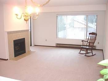 Spacious living room with fireplace + deck with Mt Rainier View