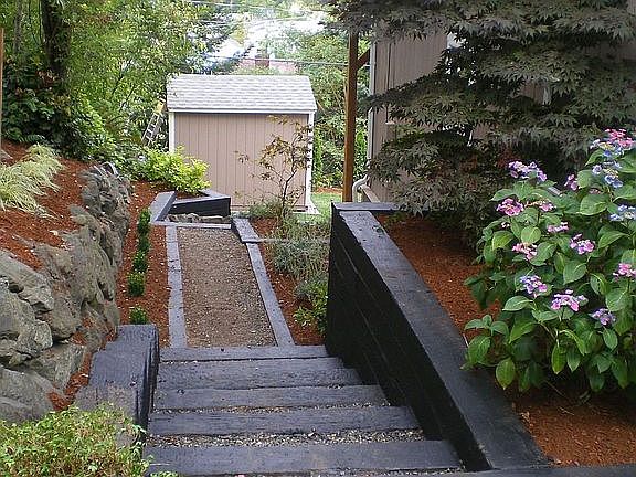 View of beautifully terraced, landscaped yards