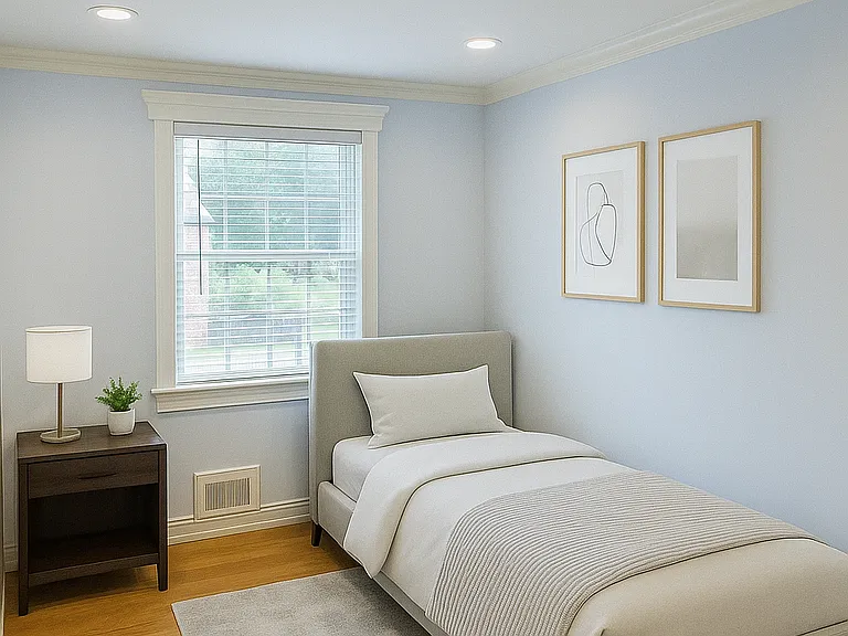 Smaller bedroom idea for a child, nursery, or even an office. Can fit a full-size bed as well. Large double-door closet not pictured.