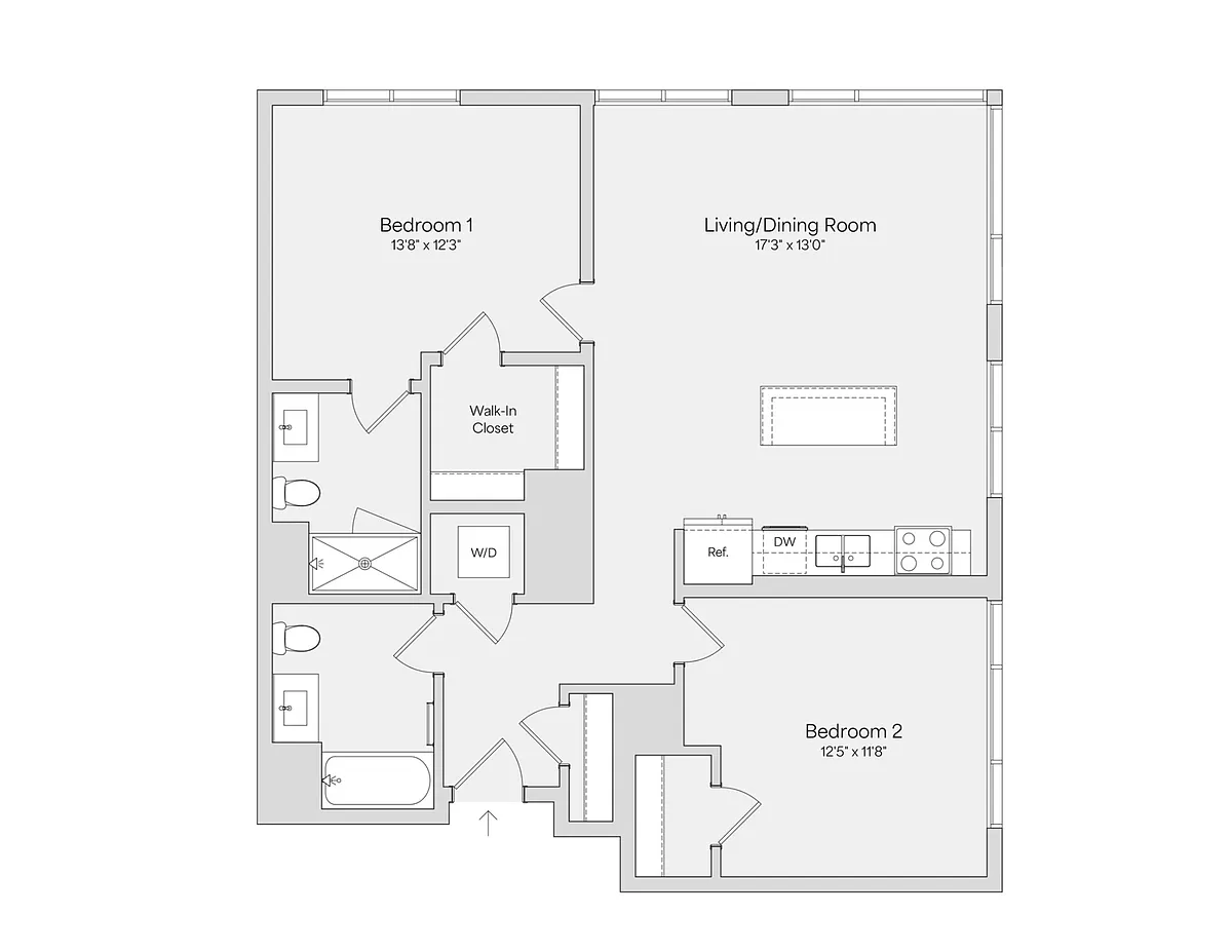 Floor plan 2BR 2BA (1075 SF)