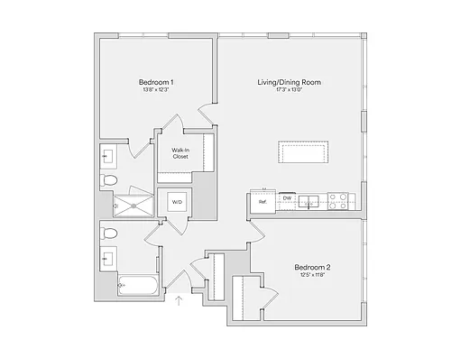 Floor plan 2BR 2BA (1075 SF)