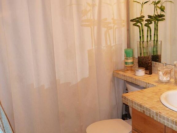 Bathroom with tub shower.