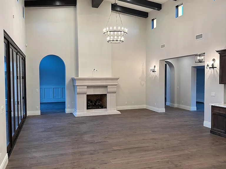 Great room fireplace from kitchen