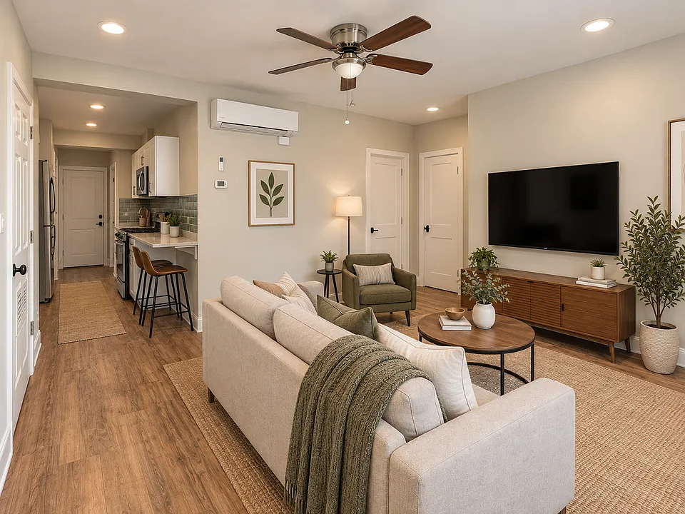 Living room overlooking the street and open to the kitchen. Furniture is staged, offered unfurnished.