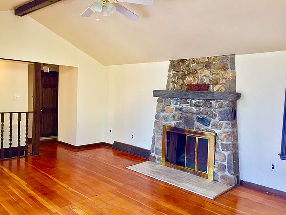 Living Room features a stone fireplace (non-usable) and gleaming hardwood floors. Skylights, vaulted ceiling and ceiling fan.