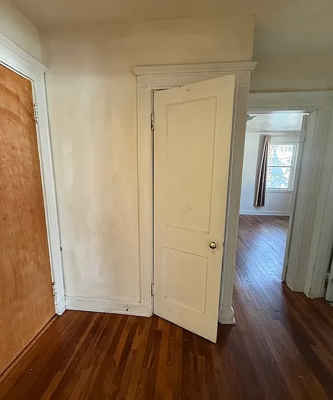 The left door is apartment Entry door. Middle is lobby closet door, from lobby can see bedroom. Lobby right side is Bathroom.