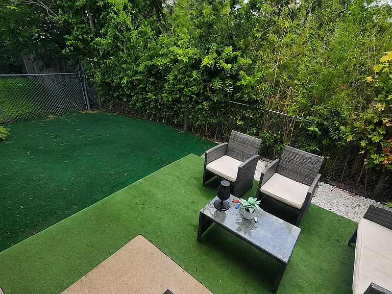 Private fenced backyard