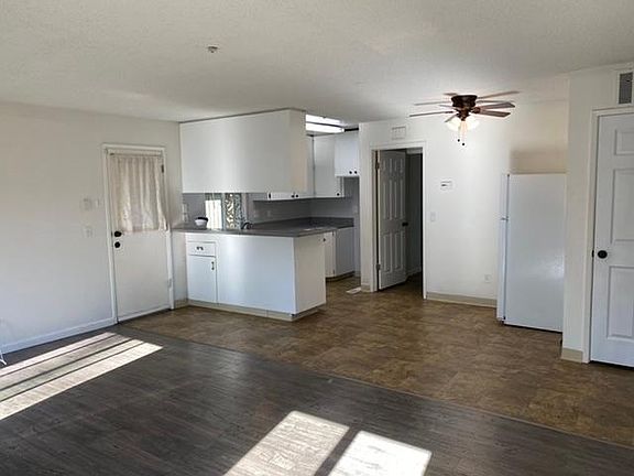 Spacious, open floor living room/dining room/kitchen space.