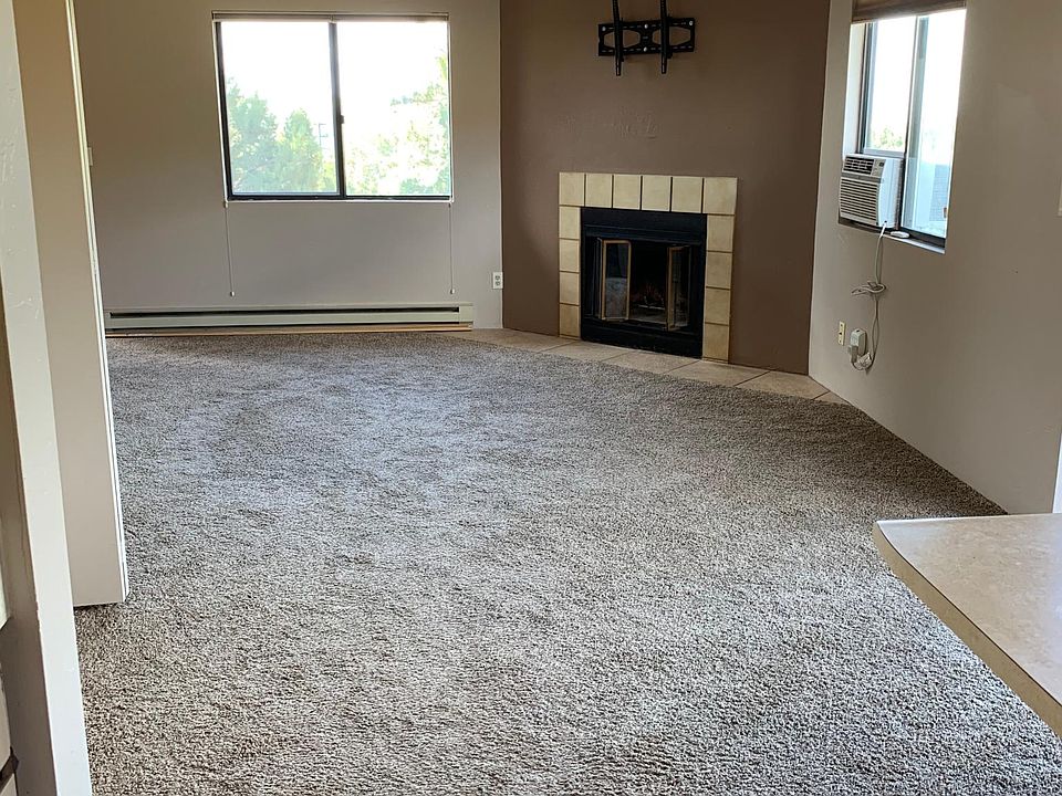 Spacious living area with new carpet, window air conditioner and ceiling fan