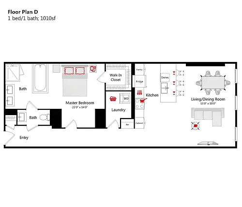 Floor plan 1 BED/ 1 BATH - 1010 S/F (D)
