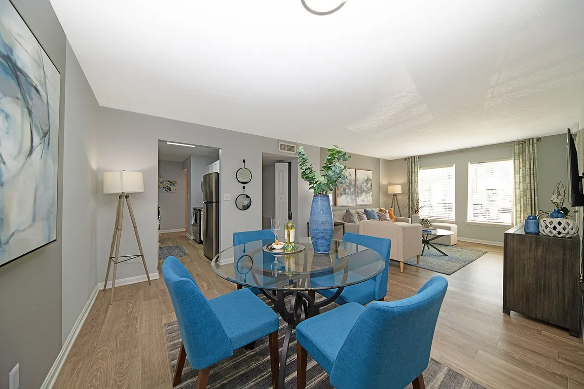 Dining area with hardwood-style flooring