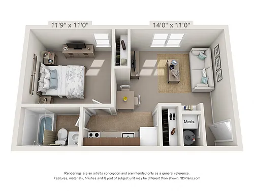 Floor plan Cedar (Upper)1 Bedroom, 1 Bath