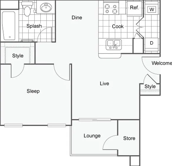 1 Bed 1 Bath A Floorplan Diagram