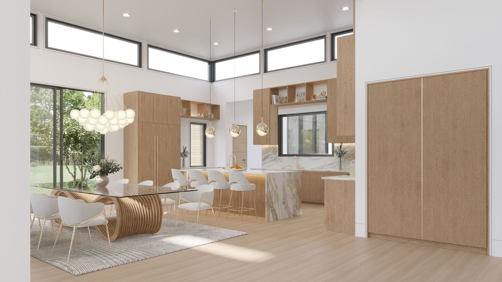 Soaring ceilings and windows flood the kitchen with natural light, highlighting custom oak cabinetry