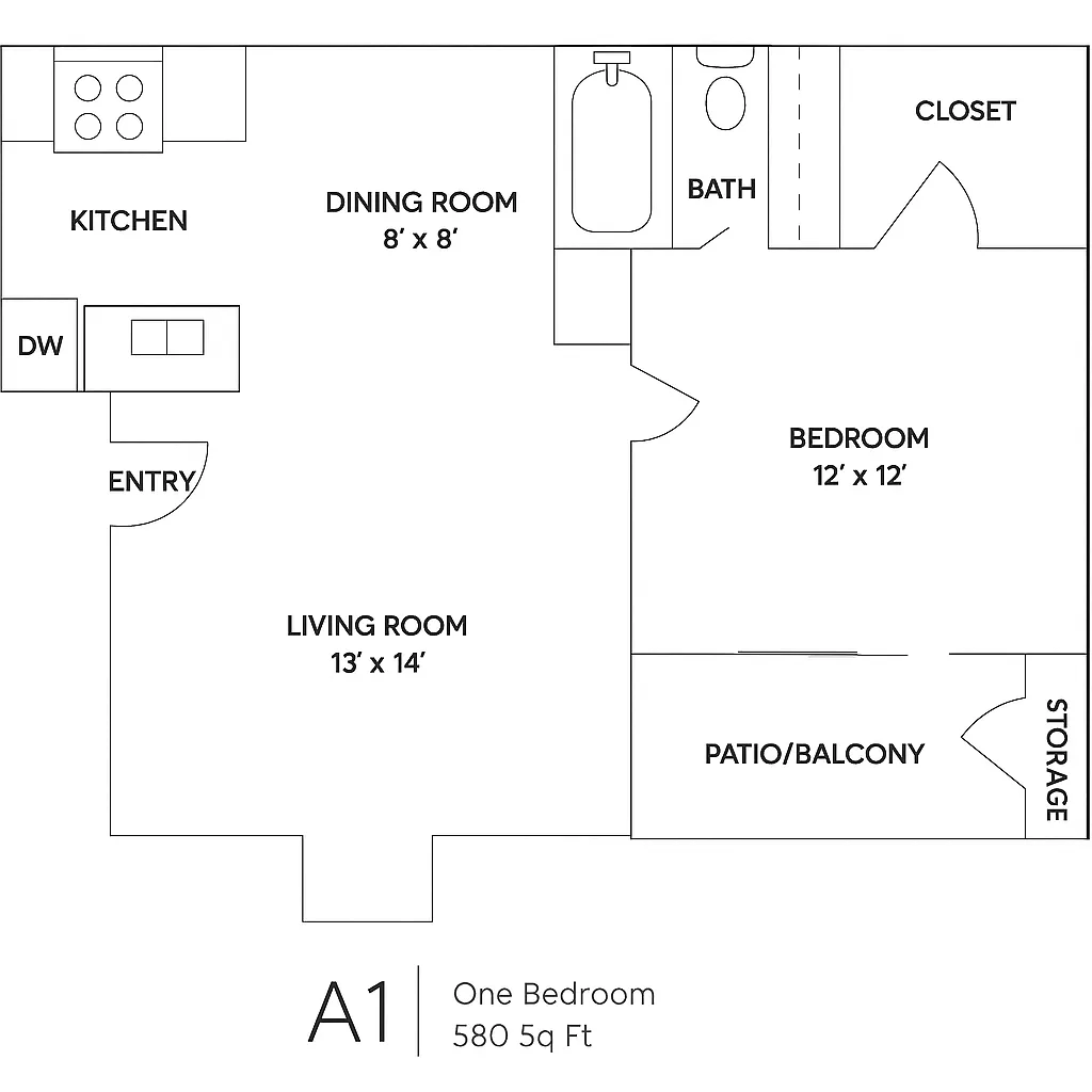 Floor plan 1 Bedroom, 1 Bath