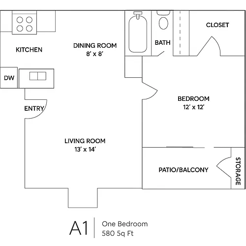 Floor plan 1 Bedroom, 1 Bath