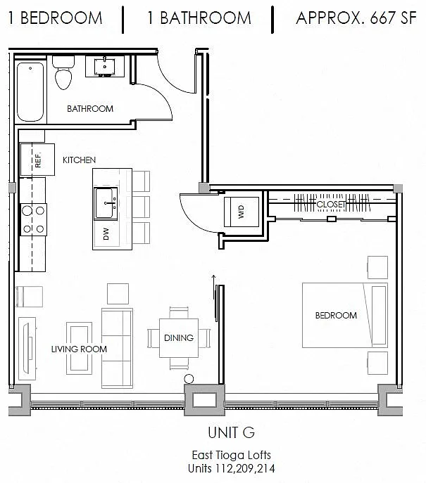 Floor plan One Bedroom One Bath Lofts