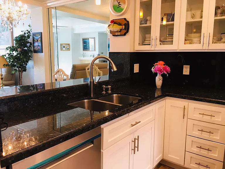 My dream dark blue shiny granite counters and brand new kitchen counters & cabinets in July 2019