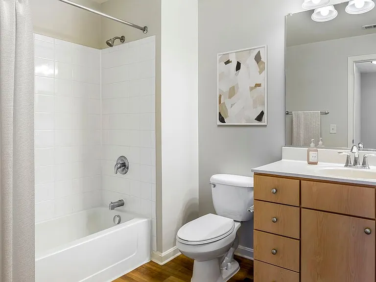 Renovated Package I bath with light oak cabinetry, white quartz countertops, and hard surface flooring