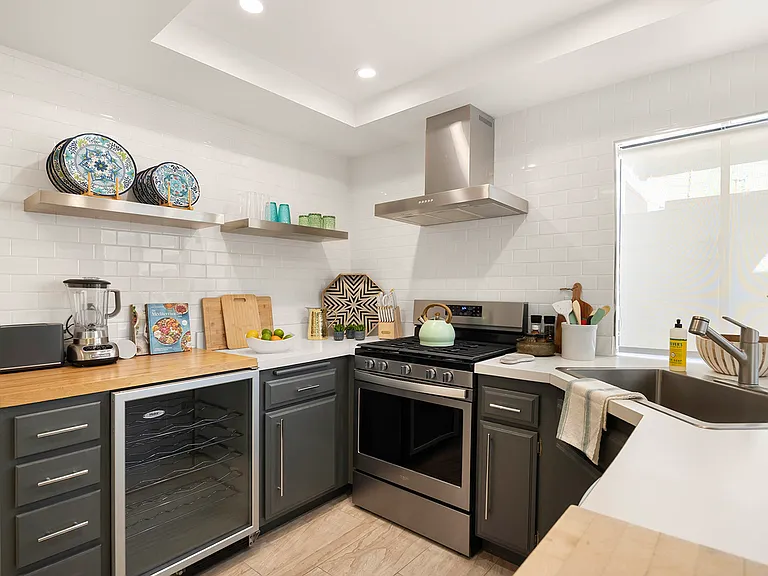 Kitchen area. All new stainless steel appliances, plus a 20 bottle wine frig.