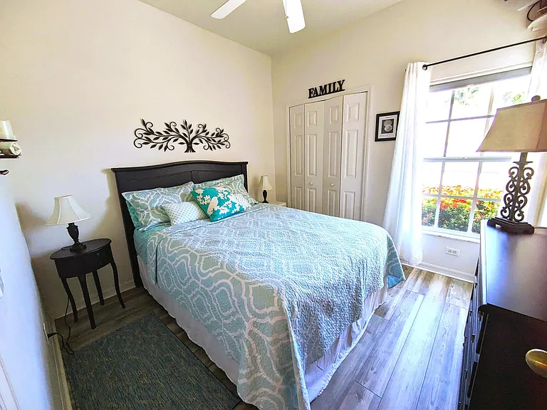 Bedroom #2 
Queen bed & large closet
Black out shades + curtains in front window